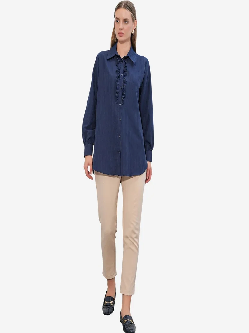 Big Dart Navy Blue BDART Ruffle Detailed Textured Shirt for Women | Best Price UAE