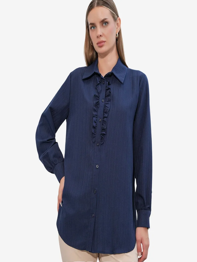 Big Dart Navy Blue BDART Ruffle Detailed Textured Shirt for Women | Best Price UAE