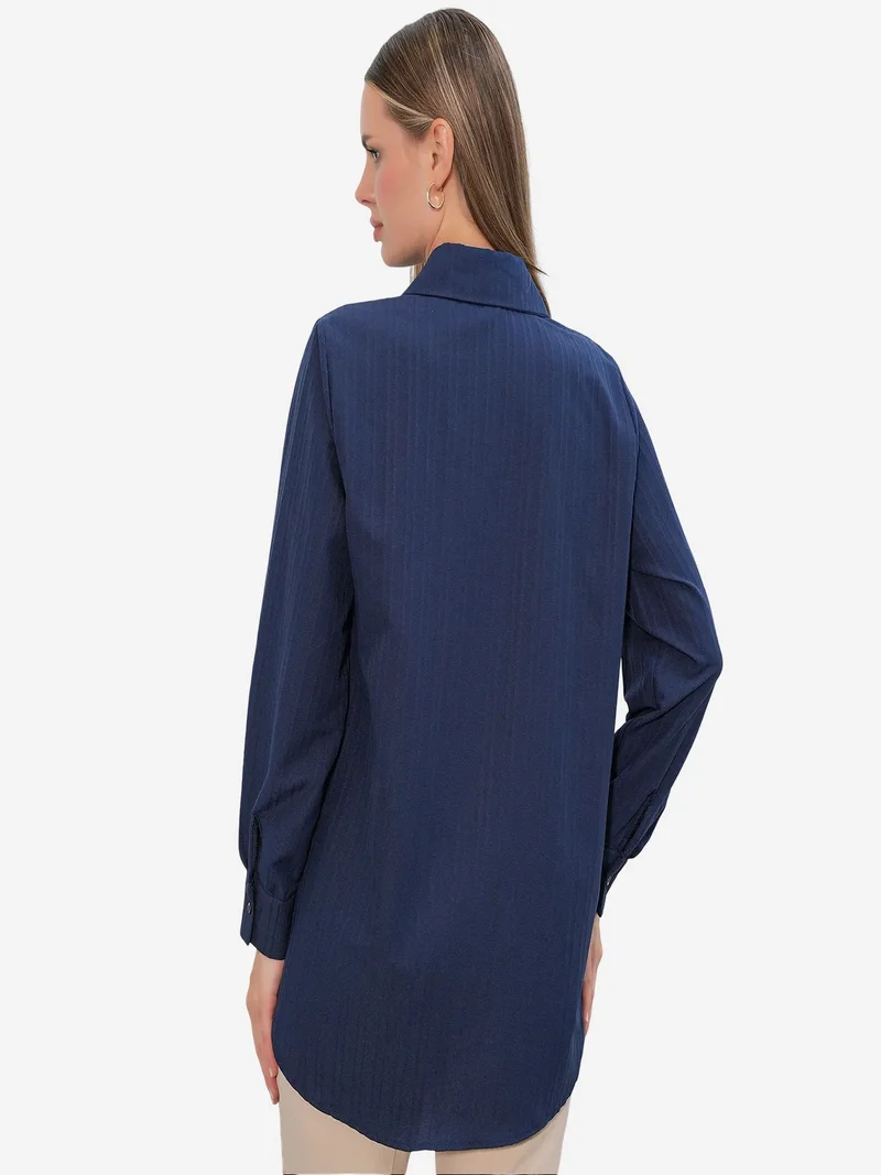 Big Dart Navy Blue BDART Ruffle Detailed Textured Shirt for Women | Best Price UAE