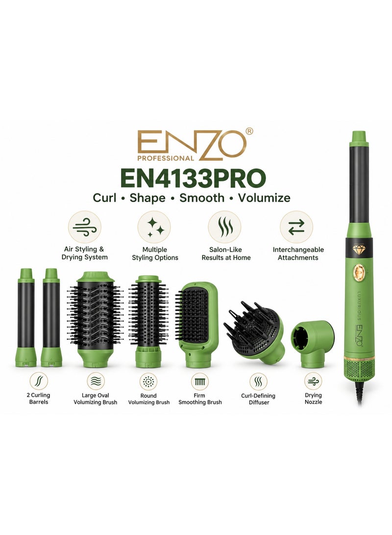 إنزو مصفف ومجفف شعر ENZO Professional EN4133PRO متعدد الاستخدامات مع أسطوانات تجعيد وفرش تكثيف وفرشاة تنعيم وديفيوزر وفوهة تجفيف، أخضر - Image 2
