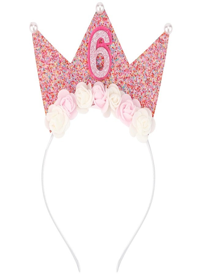 SuPoo Birthday Decorations for Girls - 6th Birthday Headband Crown, Glitter Hair Band, Flower Princess Tiara Hair Accessory for Party - Image 1