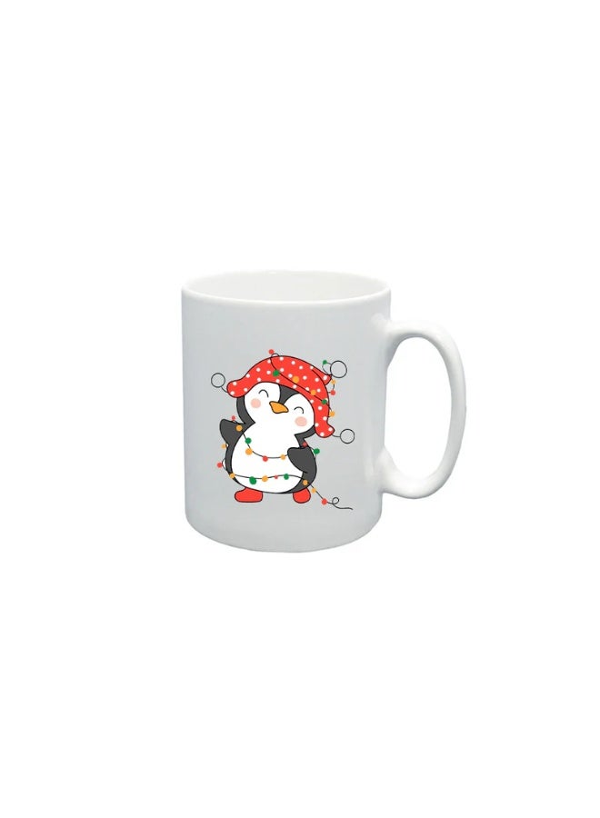BYFT White Printed Mug 100 % Ceramic Set of 1 (300 Ml, Penguin Entangled in String Lights)