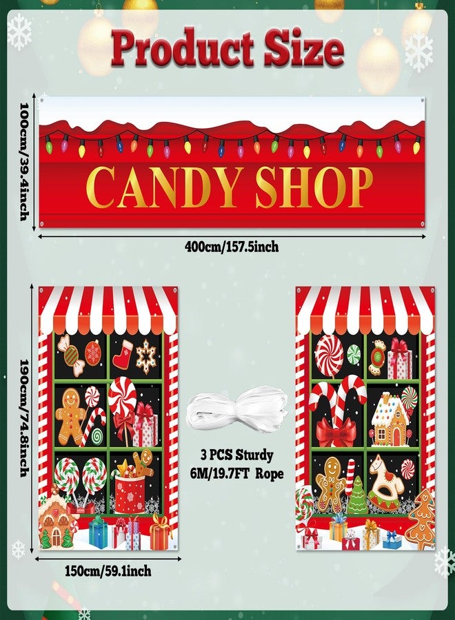 Wiooffen 3 Pcs 157" Large Christmas Door Decorations Christmas Candy Shop Party Porch Sign Banner Front Door Cover Xmas Candy Cane Background for Holiday Party Office Classroom Photo Props Backdrop Decor - Image 2