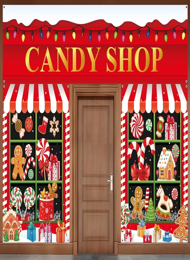 Wiooffen 3 Pcs 157" Large Christmas Door Decorations Christmas Candy Shop Party Porch Sign Banner Front Door Cover Xmas Candy Cane Background for Holiday Party Office Classroom Photo Props Backdrop Decor - Image 1