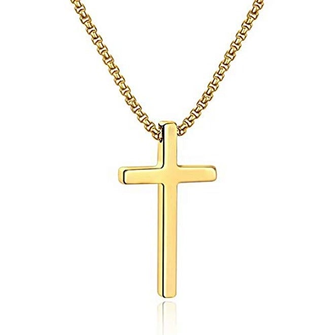 M MOOHAM Cross Necklace for Men & Teen Boys | Stainless Steel Cross Pendant Chain in Silver, Gold Cross Pendant 1.7"x1.0", Gold | 16-30 Inch Adjustable Length | Religious Jewelry Gift