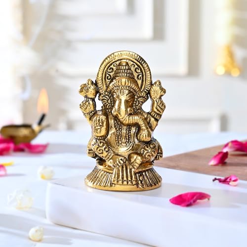 CraftVatika Ganesha Idol Showpiece Aluminum Golden Finish Ganesha Idol for Gift & Home Decor, Pooja Room, Mandir Housewarming Gifts (Set of 1) - Image 1