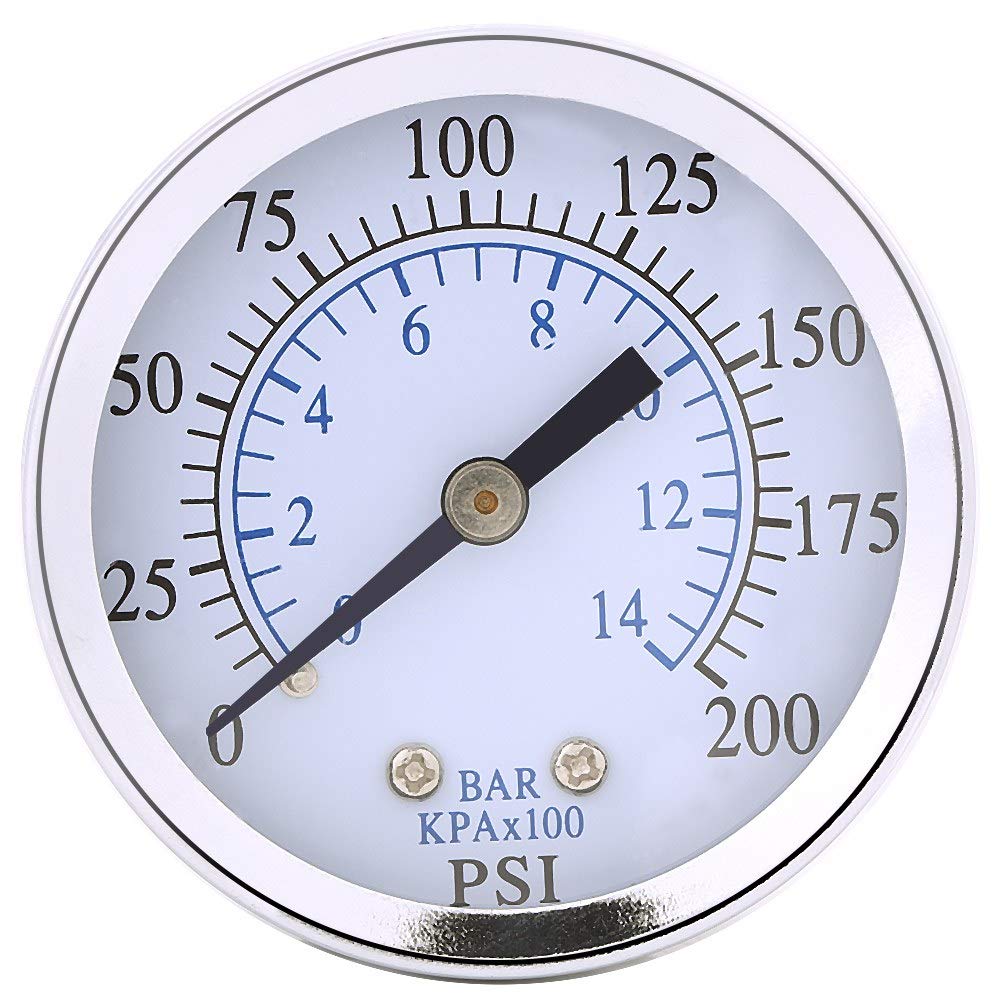 Produktbild von Manometer 0–14 Bar / 0–200 PSI – Frontflansch, 2,5″ Gehäuse, 1/4″ BSP, Edelstahl & Messing – Für Wasser, Öl, Luft – Inkl. Zubehör