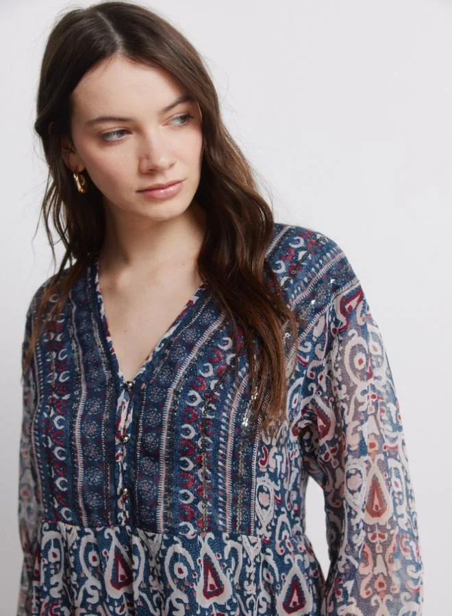 Springfield Printed chiffon and sequin long sleeve short dress