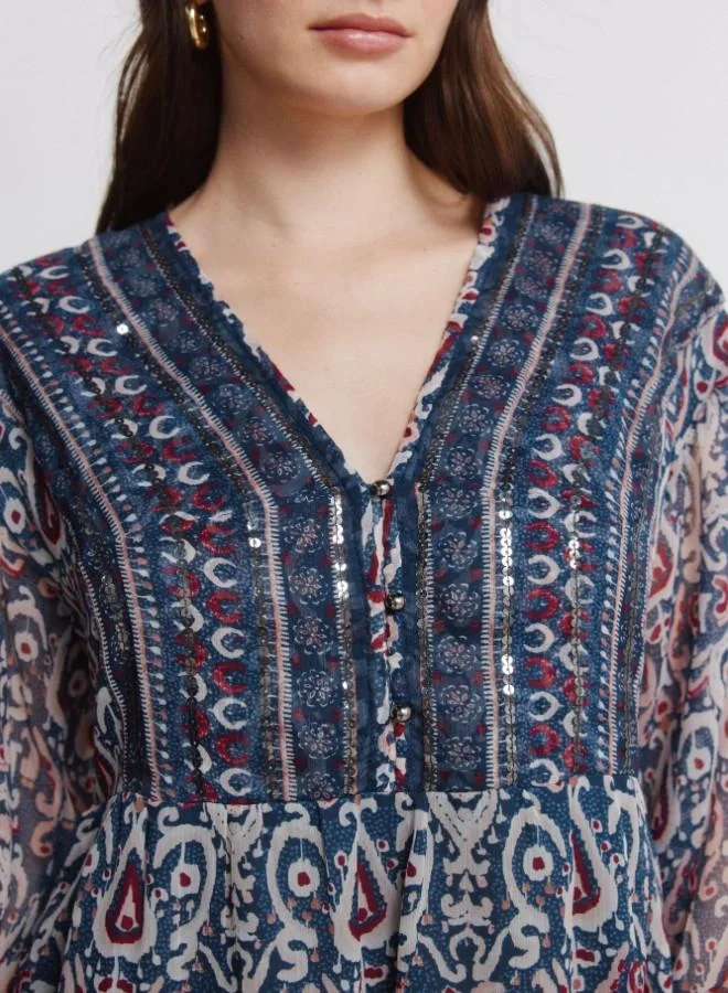 Springfield  Printed chiffon and sequin long sleeve short dress for Women | Best Price UAE