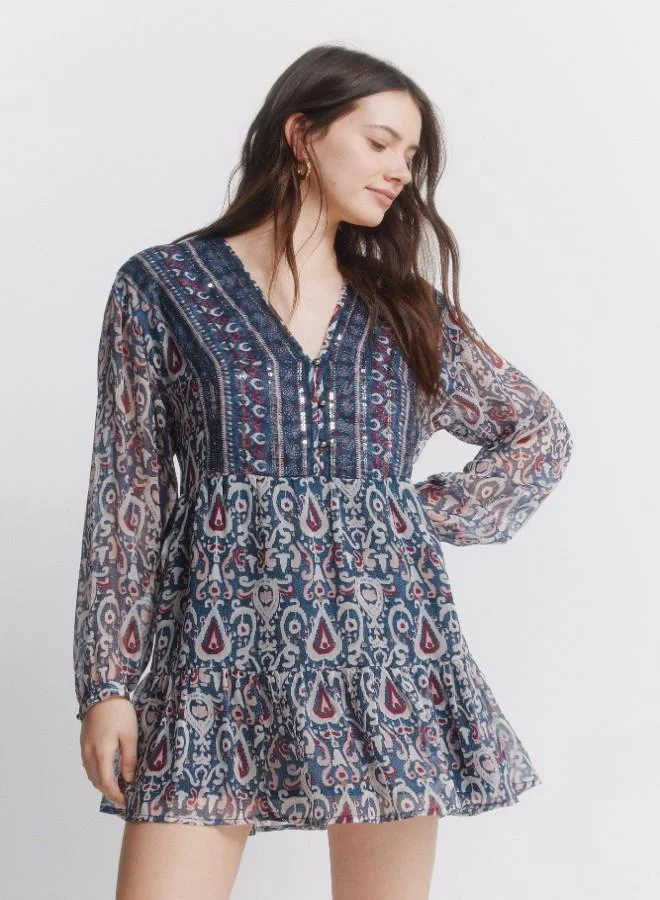 Springfield  Printed chiffon and sequin long sleeve short dress for Women | Best Price UAE