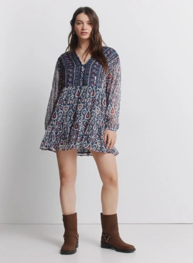 Springfield Printed chiffon and sequin long sleeve short dress