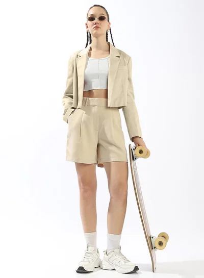 Hubberholme Women's Beige Polyester Blend Solid Cropped Casual Tailored Fit Shorts