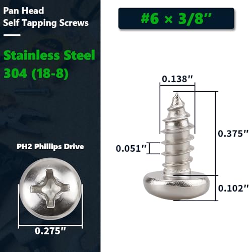 RoyceMart #6 x 3/8" (100 Pack) Stainless Steel Phillips Pan Head Wood Screws, Stainless Steel 304 (18-8), Pan Head Sheet Metal Screws Self Tapping for Wood - Image 2