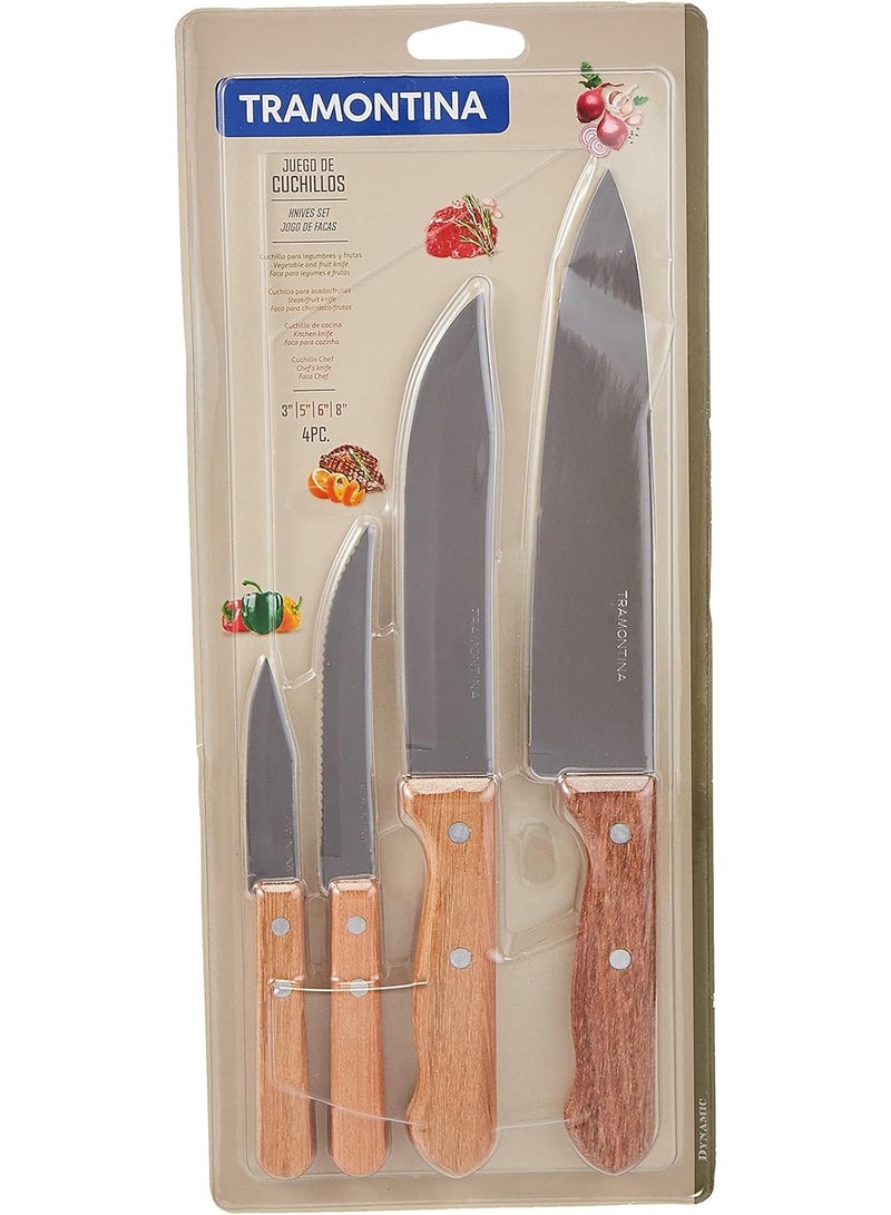 4 Pieces Knife Set with Stainless Steel Blade and Natural Wood Handle