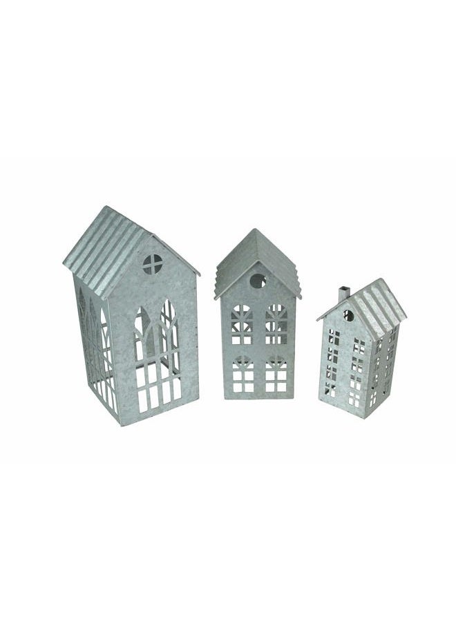 Zeckos Set of 3 Country Farmhouse Christmas Village Galvanized Grey Metal House Shaped Oversized Votive Candle Holders - Perfect for Rustic Western Décor, Adds Charm to Your Space - Image 1