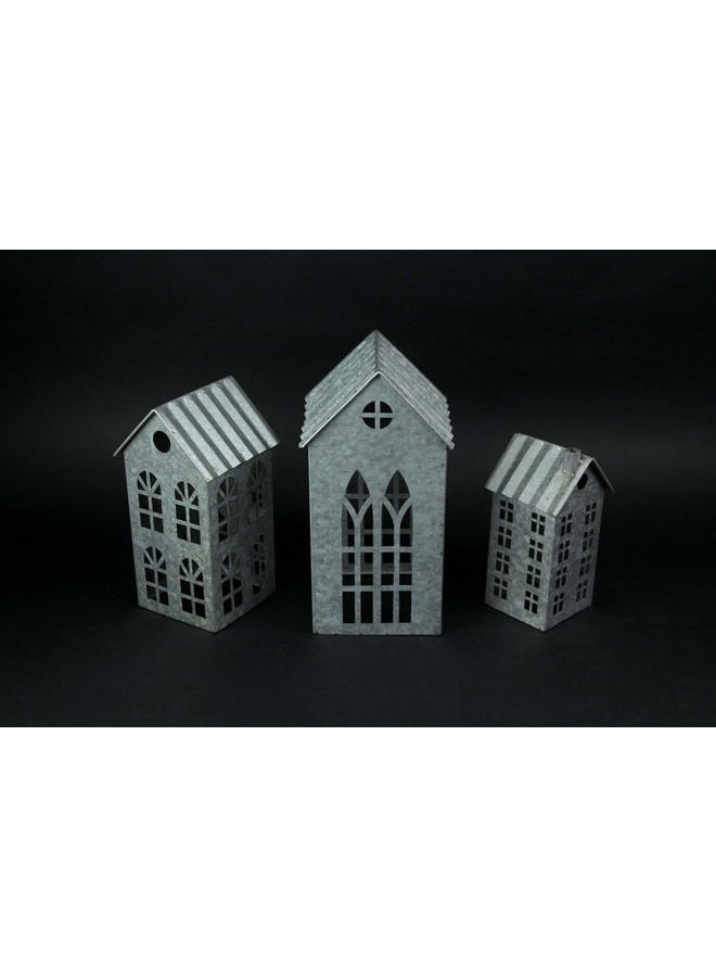 Zeckos Set of 3 Country Farmhouse Christmas Village Galvanized Grey Metal House Shaped Oversized Votive Candle Holders - Perfect for Rustic Western Décor, Adds Charm to Your Space - Image 2