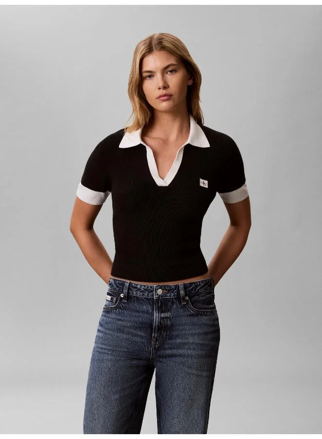 Textured Knit Open Placket Polo Shirt