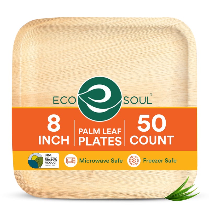 ECO SOUL 8 Inch Disposable Palm Leaf Plates [50 Pack] Premium Food-Safe Heavy Duty Compostable Bamboo Paper Plates for Lunch, Dinner, Birthday, Weddings, Party, Camping & Catering Events [Square] - Image 1