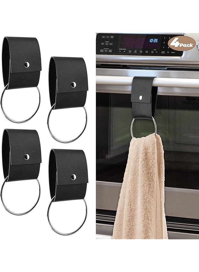 4 PCS Leather Metal Towel Ring Holder, for Kitchen Dish Towel Holder with Loop, Wall Mount Towels Hooks for Farmhouse Home Decor, Black, Multi-purpose