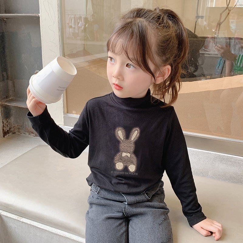 Children's Fleece Long Sleeve Base Shirt Spring and Autumn New Printed Western Style Casual T-shirt Baby Girl White Top T-shirt Trendy - Image 1