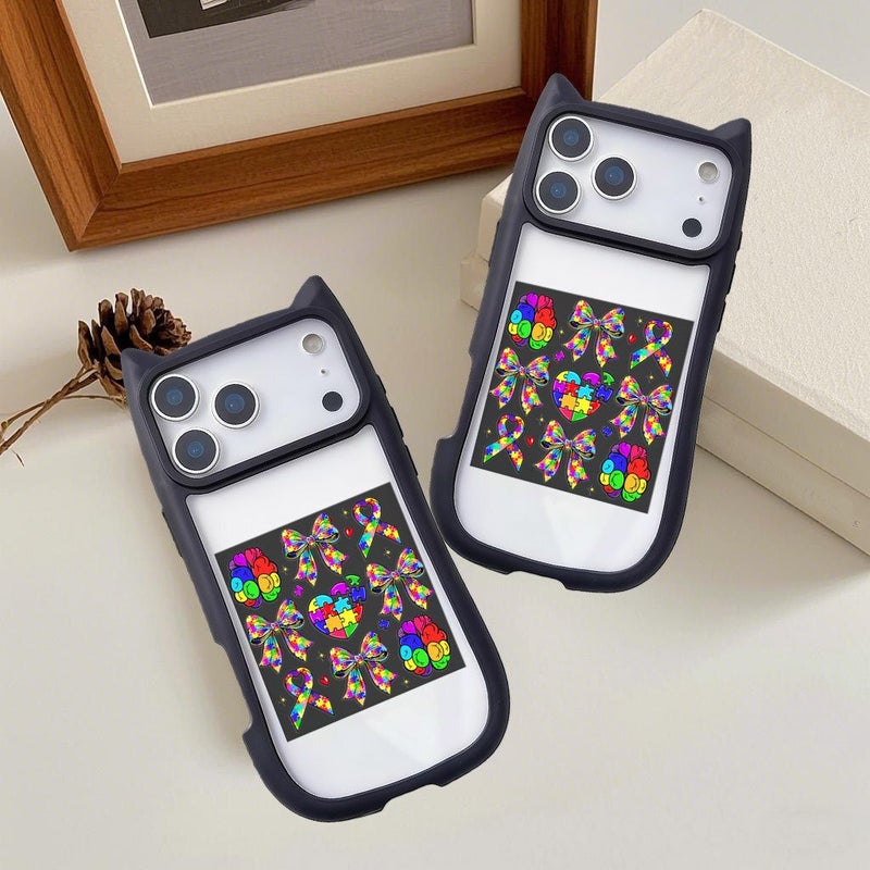 Phone Case For iPhone 14 Plus Cute Cat Ear Design Pink Colorful Autism Awareness Puzzle Heart With Bow And Brain Ribbons Durable Shockproof Cover - Image 1