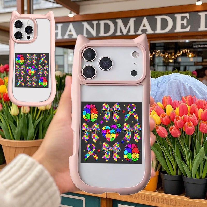 Phone Case For iPhone 14 Plus Cute Cat Ear Design Pink Colorful Autism Awareness Puzzle Heart With Bow And Brain Ribbons Durable Shockproof Cover - Image 4