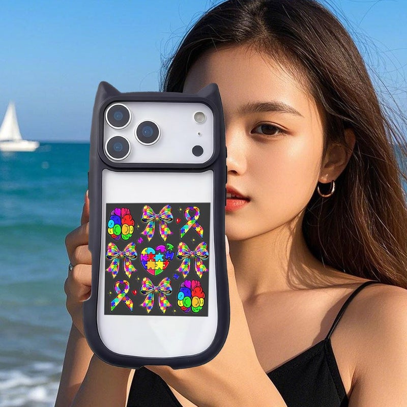 Phone Case For iPhone 14 Plus Cute Cat Ear Design Pink Colorful Autism Awareness Puzzle Heart With Bow And Brain Ribbons Durable Shockproof Cover - Image 3
