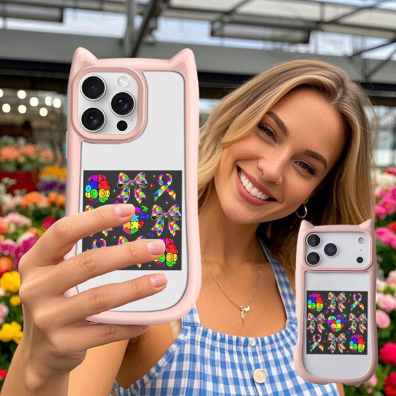 Phone Case For iPhone 14 Plus Cute Cat Ear Design Pink Colorful Autism Awareness Puzzle Heart With Bow And Brain Ribbons Durable Shockproof Cover - Image 5