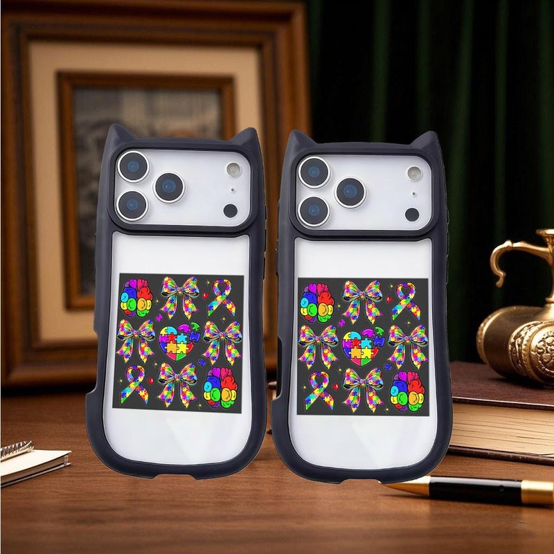 Phone Case For iPhone 14 Plus Cute Cat Ear Design Pink Colorful Autism Awareness Puzzle Heart With Bow And Brain Ribbons Durable Shockproof Cover - Image 2