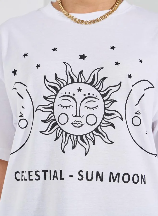ستايلي Oversized Sun & Moon Graphic Drop Shoulder T-Shirt