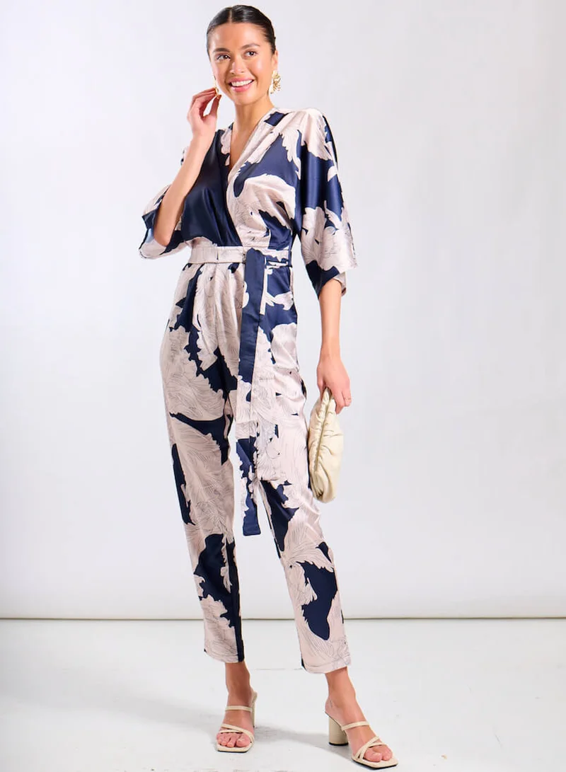 Navy Leaf Kimono Sleeve Jumpsuit