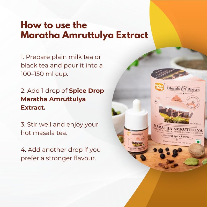 Spice Drop Maratha Amruttulya Chai Masala Extract | Contains Ginger, Clove & Nutmeg | Flavors 180 cups | 5ML equals 125 grams of powder | No preservative | 1 drop per cup | Tea Masala Drops - Image 2