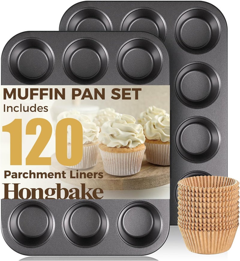 HONGBAKE قوالب المافن من مع 120 ورقًا، قوالب الكب كيك غير لاصقة 12، صينية خبز فاخرة، حجم قياسي، عبوة من قطعتين، رمادي غامق - Image 1