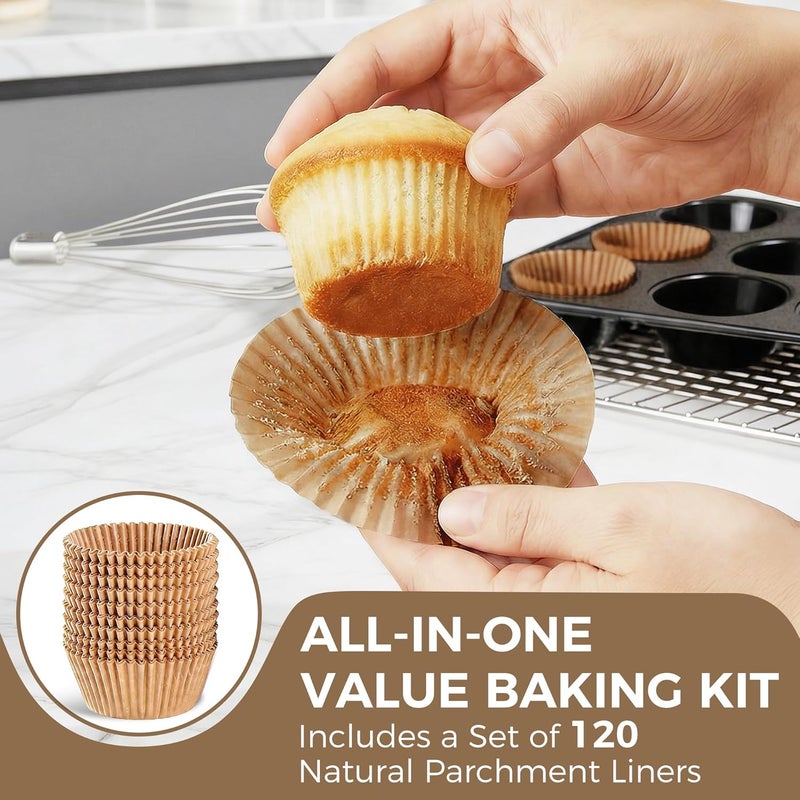 HONGBAKE قوالب المافن من مع 120 ورقًا، قوالب الكب كيك غير لاصقة 12، صينية خبز فاخرة، حجم قياسي، عبوة من قطعتين، رمادي غامق - Image 3