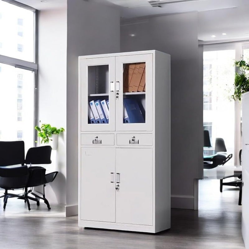 Harmony Home خزانة تخزين فولاذية هارموني هوم بيضاء 4 أبواب مع أبواب زجاجية علوية ودرجين قابلين للقفل وتصميم خزانة سفلية قابلة للقفل - Image 2