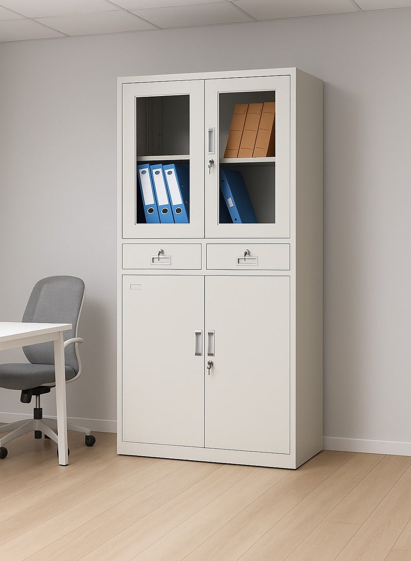 Harmony Home خزانة تخزين فولاذية هارموني هوم بيضاء 4 أبواب مع أبواب زجاجية علوية ودرجين قابلين للقفل وتصميم خزانة سفلية قابلة للقفل - Image 1