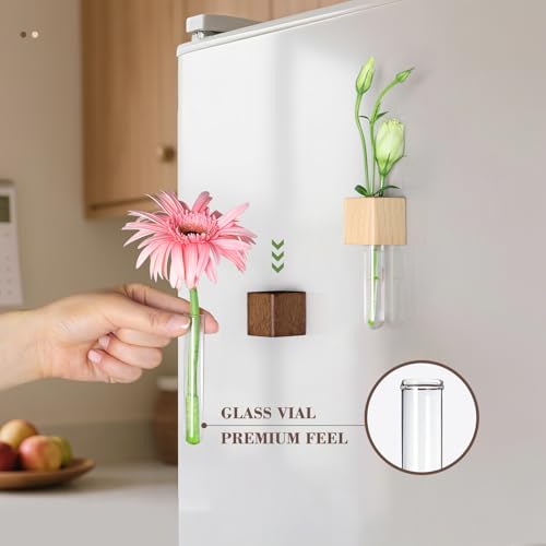 OtGalk Magnetic Test Tube Flower Vases for Refrigerator, Set of 2 Wooden Fridge Magnet Planters with Glass Tubes Light & Dark Wood Color, Propagation Station for Hydroponic Display (No Plant Included) - Image 4