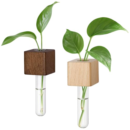 OtGalk Magnetic Test Tube Flower Vases for Refrigerator, Set of 2 Wooden Fridge Magnet Planters with Glass Tubes Light & Dark Wood Color, Propagation Station for Hydroponic Display (No Plant Included) - Image 1
