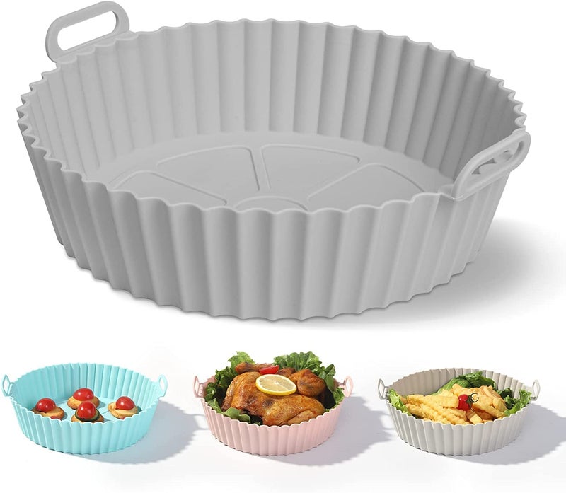 Buransh Grey Air Fryer Silicone Baking Tray Silicone Air Fryer Liners with Ear Handles Air Fryer Accessories Round Air Fryer Oven Pot Food Grade Silicone Heat Resistant Pack 1