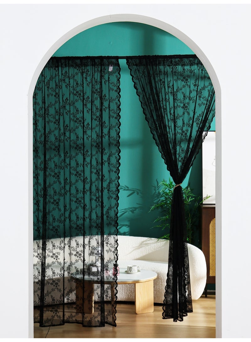 2 Panels Black Pocket Lace Curtain Sheer Princess Tulle Drapes，150 cm width, 210 cm length, Semi Sheer Voile Curtains Country House gauze curtains, Breathable Jacquard Texture Windows Curtains Black for Living Room Bedroom Decor - Image 1