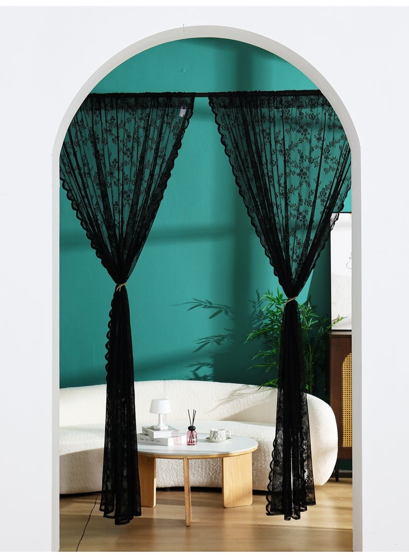 2 Panels Black Pocket Lace Curtain Sheer Princess Tulle Drapes，150 cm width, 210 cm length, Semi Sheer Voile Curtains Country House gauze curtains, Breathable Jacquard Texture Windows Curtains Black for Living Room Bedroom Decor - Image 4