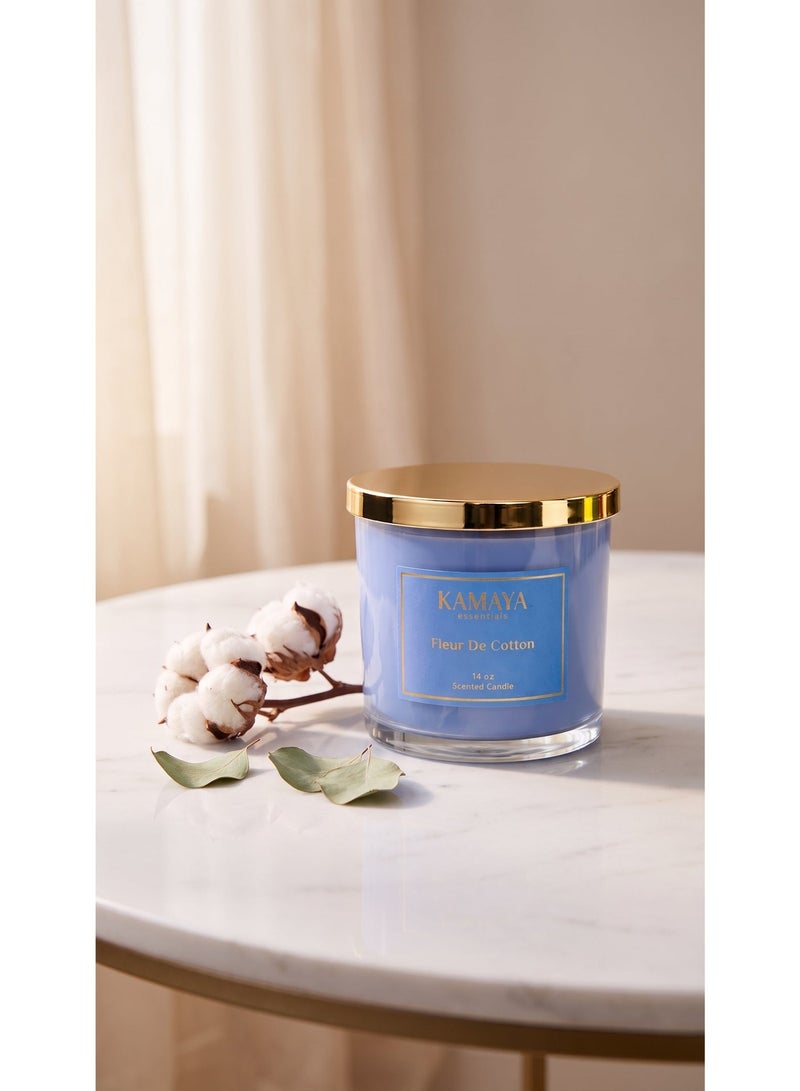 KAMAYA IRIS Collection Scented candle with 3 wicks | 400 gms with long lasting Fresh cotton fragrance | Clear jar with gold lid - Image 1