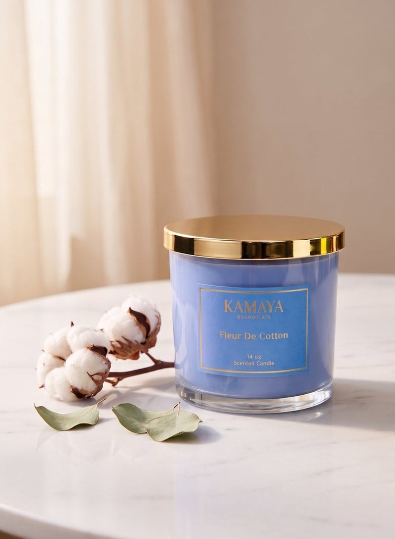 KAMAYA IRIS Collection Scented candle with 3 wicks | 400 gms with long lasting Fresh cotton fragrance | Clear jar with gold lid - Image 1