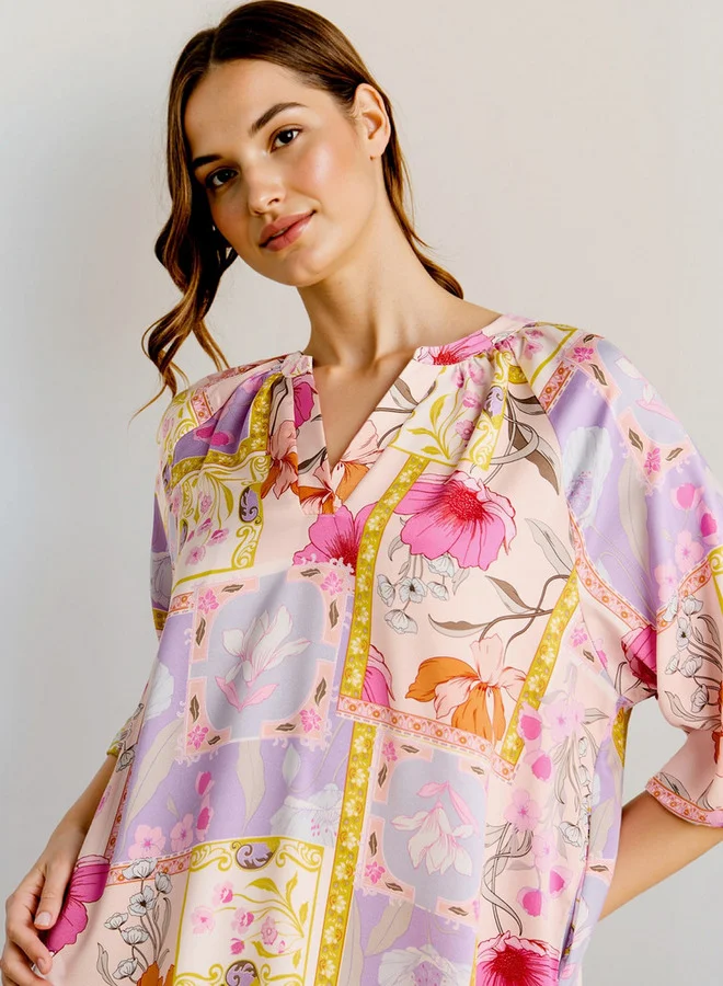 Splash FAV  Printed Night Dress with Collar and 3/4 Sleeves for Women | Best Price UAE