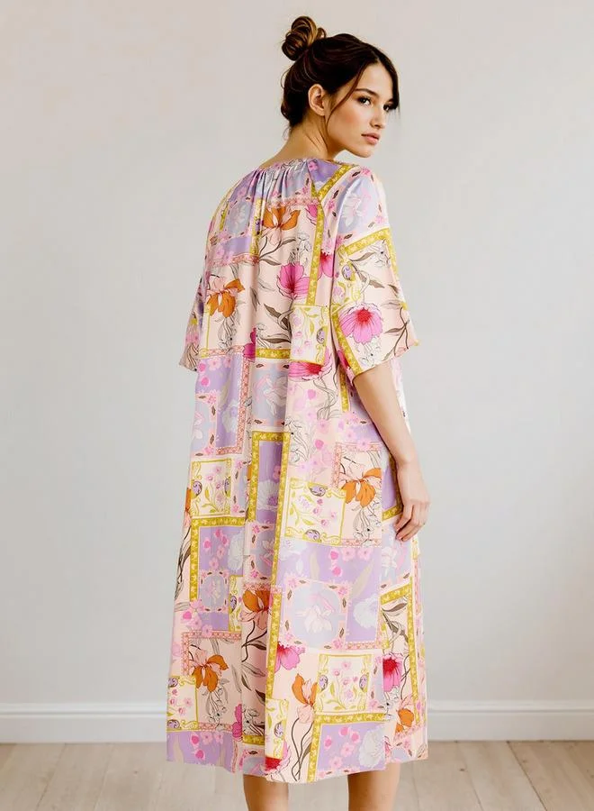 Splash FAV  Printed Night Dress with Collar and 3/4 Sleeves for Women | Best Price UAE