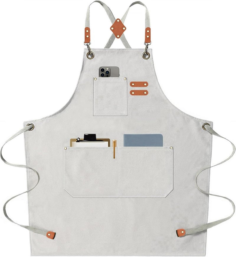 AFUN Chef Aprons for Men Women with Large Pockets, 16oz Cotton Canvas Cross Back Heavy Duty Work Apron (Beige) - Image 1