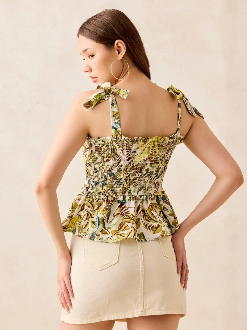 Outzidr  Multi Tiedup Smocked Top White Base Print for Women | Best Price UAE