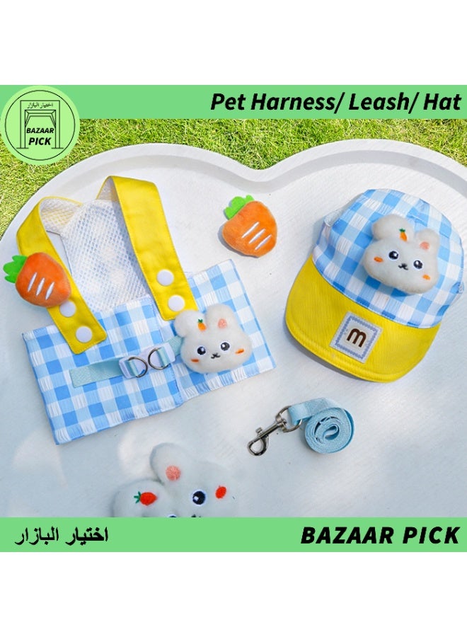 طقم حزام للقطط والكلاب بتصميم أرنب أزرق مربعات، يشمل المقود وحزام الصدر والقبعة، ملابس للمنزل والخارج، المقاس XL - Image 1