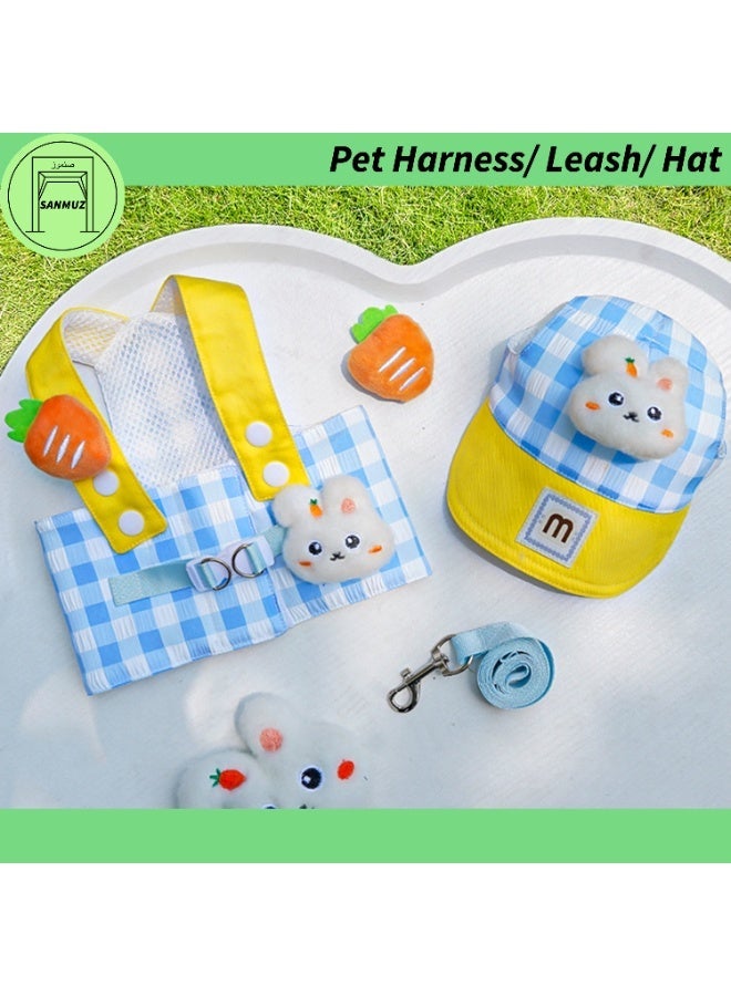 Pet Harness Set for Cats & Dogs Blue Plaid Bunny Style with Leash, Chest Strap & Hat Outdoor & Home Outfit Size XL - Image 2