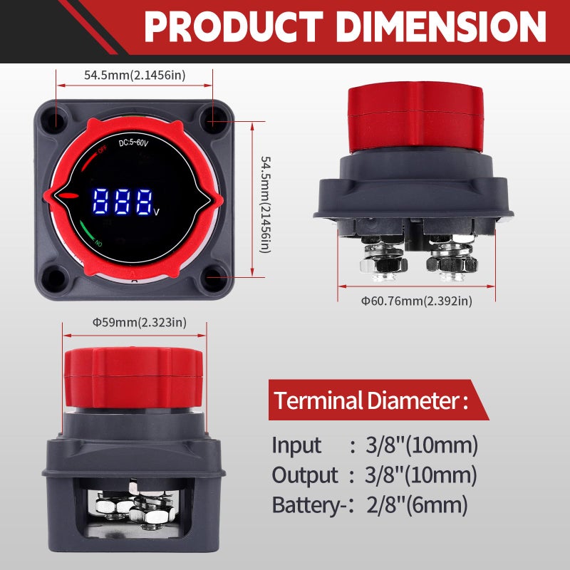 Upgrade Battery Disconnect Switch with Voltmeter, DC 5-60V Master Isolator Cut/Shut Off Switch for Marine Boat Car Truck Camper RV Trailer Vehicles Engine Application (On/Off) - Image 2